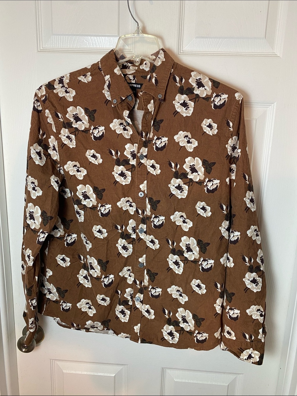Express Women’s Corduroy Brown Floral Button-Down Shirt Size Large Cotton Blend